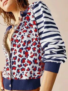 Leopard Print Striped Long-Sleeve Cardigan Sweater